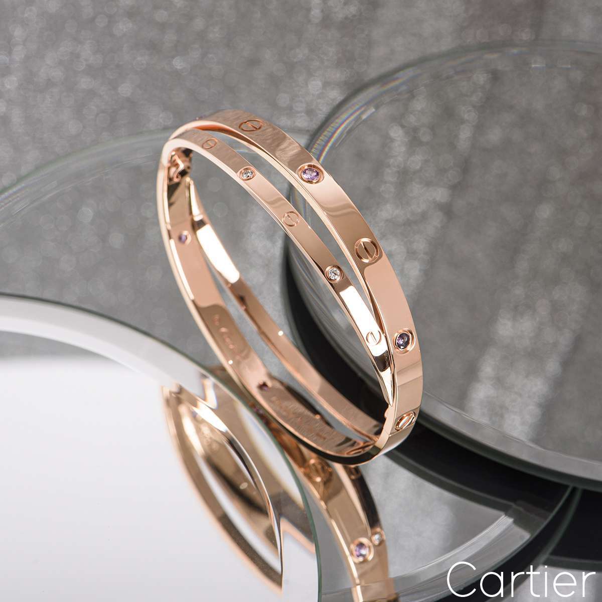 Cartier Rose Gold Half Diamond & Pink Sapphire Double Love Bracelet Size 17 N6705917
